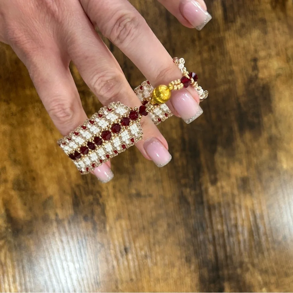 Handmade 3-Row Beaded Bracelet – Red, Ivory & Gold, New